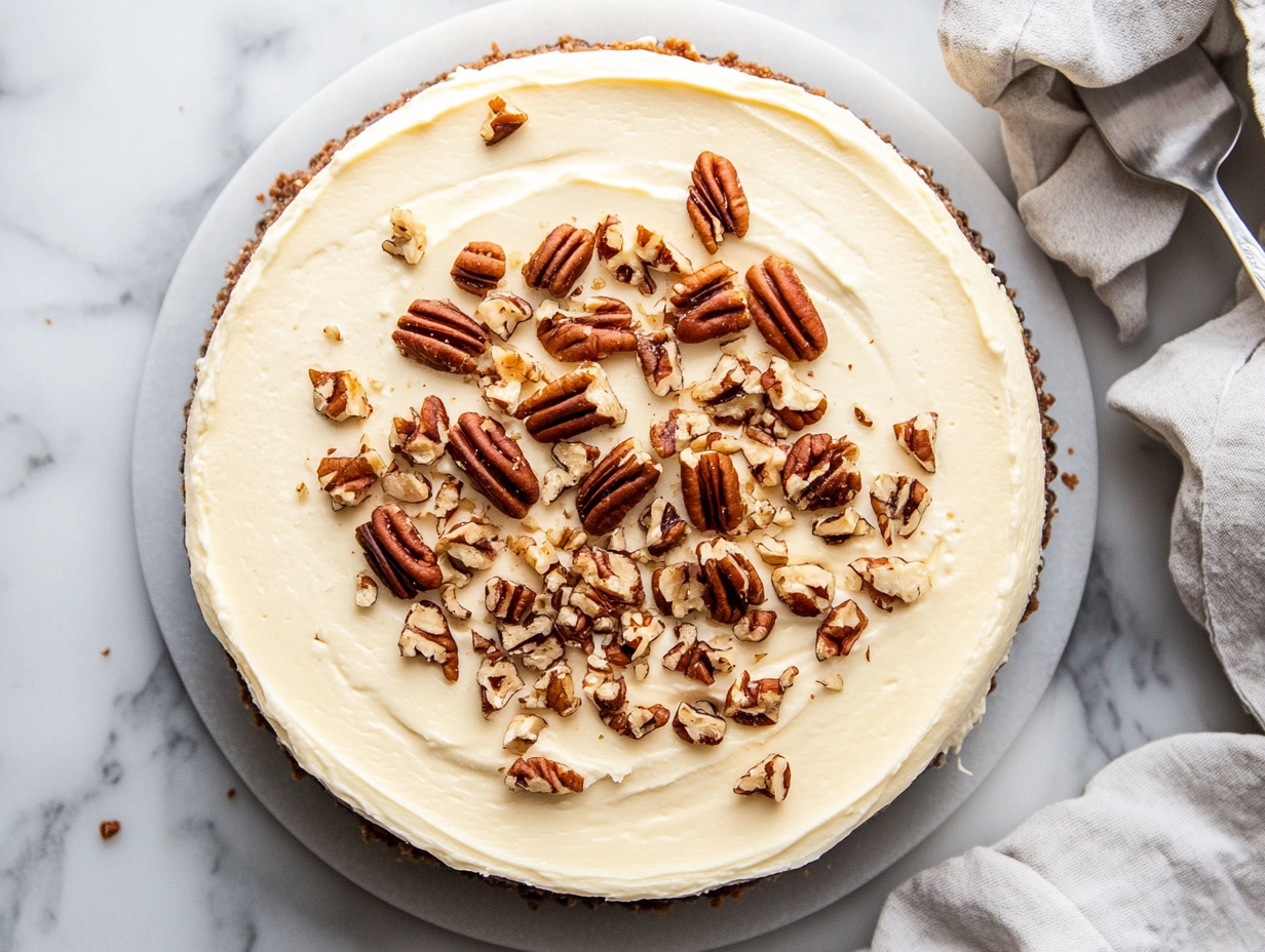 "The chilled cheesecake sits on the white marble cooktop, with sour cream topping being spread smoothly across the top. Chopped pecans are sprinkled as garnish, making the dessert ready to slice and serve."