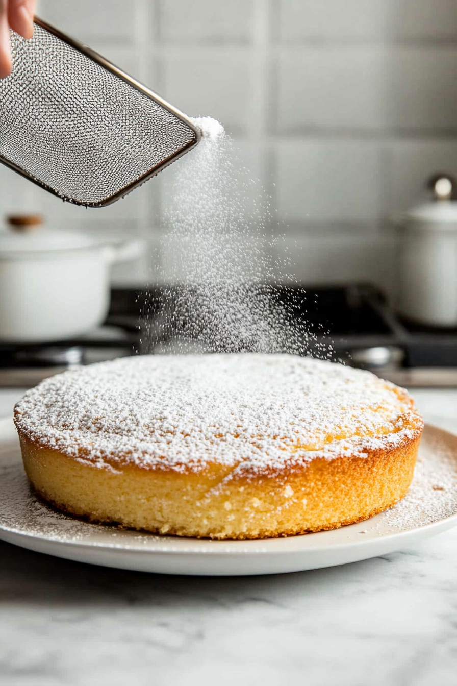 "The cooled cake, removed from the pan, is placed on a serving plate over the white marble cooktop. A fine dusting of powdered sugar is being added using a small sieve."