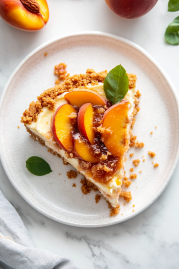 A single slice of peach cobbler cheesecake is served on a white dessert plate, showcasing its layered structure with a creamy peach filling, golden crust, and fluffy topping. The slice is garnished with fresh peach slices and a glossy drizzle of peach preserves, placed on the white marble cooktop for an elegant presentation.