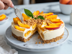 The chilled cheesecake is sliced to reveal its layers: a crisp crust, creamy peach-filled center, and golden topping. Garnished with fresh peach slices and a drizzle of peach preserves for a finishing touch.