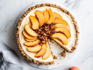 A single slice of peach cobbler cheesecake is served on a white dessert plate, showcasing its layered structure with a creamy peach filling, golden crust, and fluffy topping. The slice is garnished with fresh peach slices and a glossy drizzle of peach preserves, placed on the white marble cooktop for an elegant presentation.