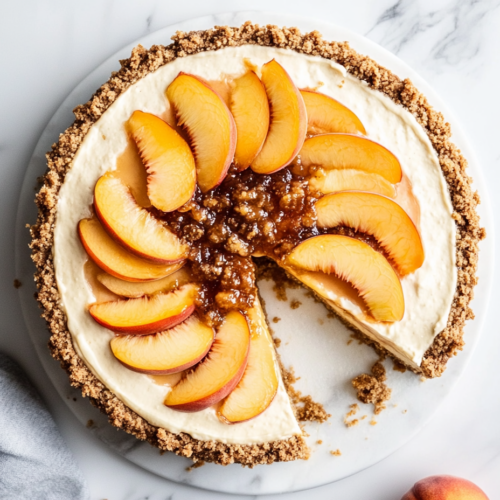 A single slice of peach cobbler cheesecake is served on a white dessert plate, showcasing its layered structure with a creamy peach filling, golden crust, and fluffy topping. The slice is garnished with fresh peach slices and a glossy drizzle of peach preserves, placed on the white marble cooktop for an elegant presentation.