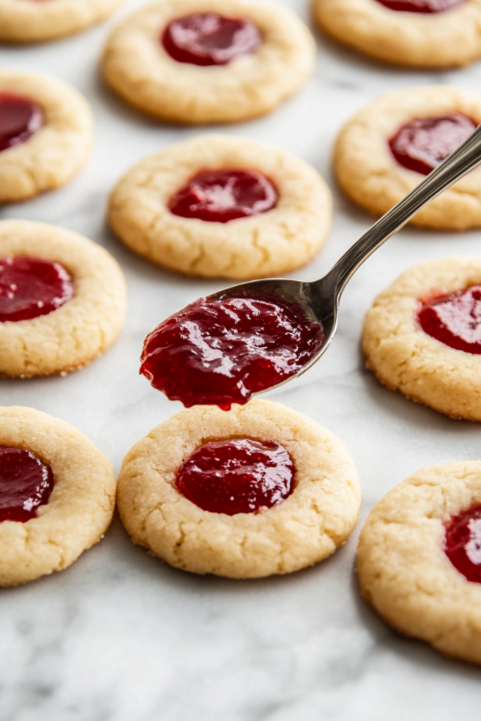 The cooled cookies sit on the white marble cooktop as a spoon fills the indentations with glossy strawberry jam. The cookies are complete, their festive red filling adding a bright finishing touch.