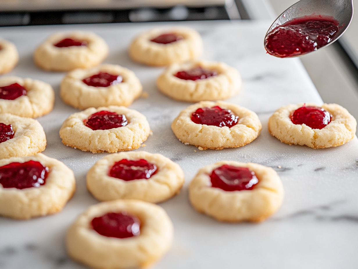 The cooled cookies sit on the white marble cooktop as a spoon fills the indentations with glossy strawberry jam. The cookies are complete, their festive red filling adding a bright finishing touch.