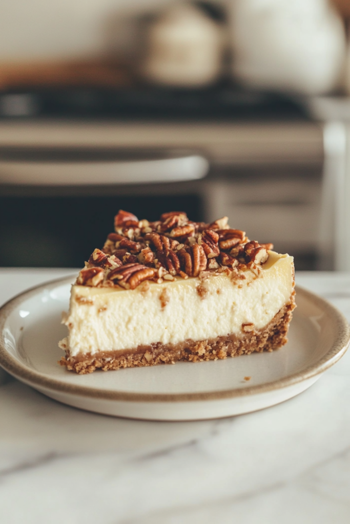 Chilled cheesecake in a springform pan with the brown sugar pecan topping being spooned over the top. A dollop of homemade brown sugar whipped cream is added for decoration