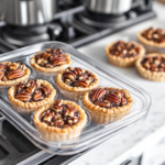 A plate of mini pecan pies served warm on the white marble cooktop, with one pie cut open to reveal the rich and nutty filling.