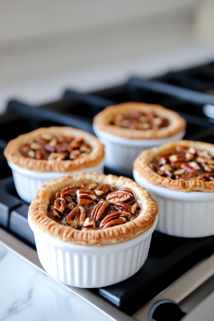 A plate of mini pecan pies served warm on the white marble cooktop, with one pie cut open to reveal the rich and nutty filling.