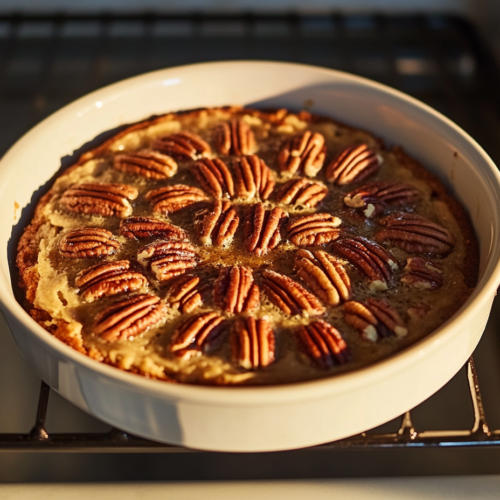 Cake pan placed back in the oven on a white marble cooktop, baking at 350°F (175°C) for 30-35 minutes until the cake is golden brown.