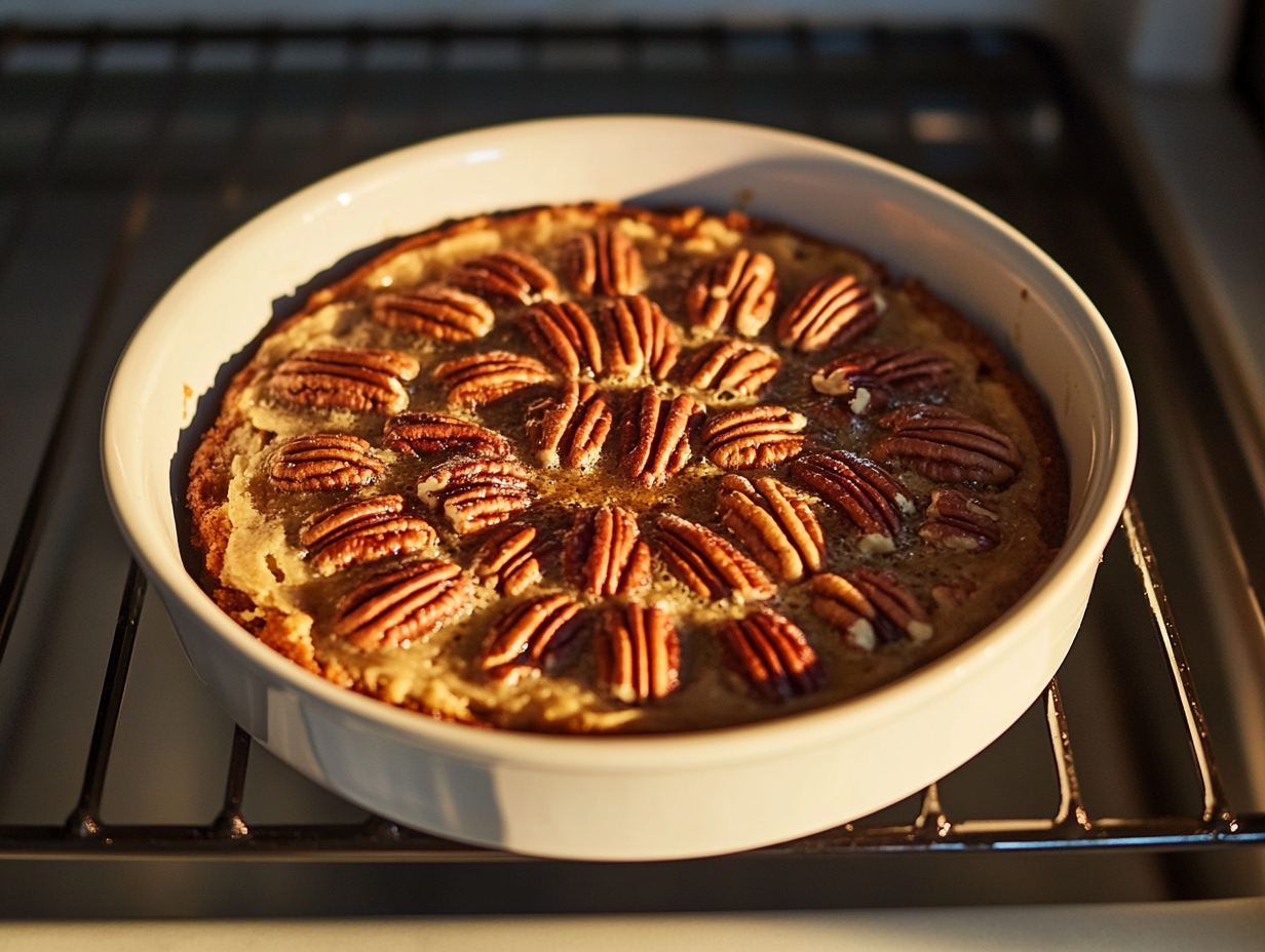 Cake pan placed back in the oven on a white marble cooktop, baking at 350°F (175°C) for 30-35 minutes until the cake is golden brown.