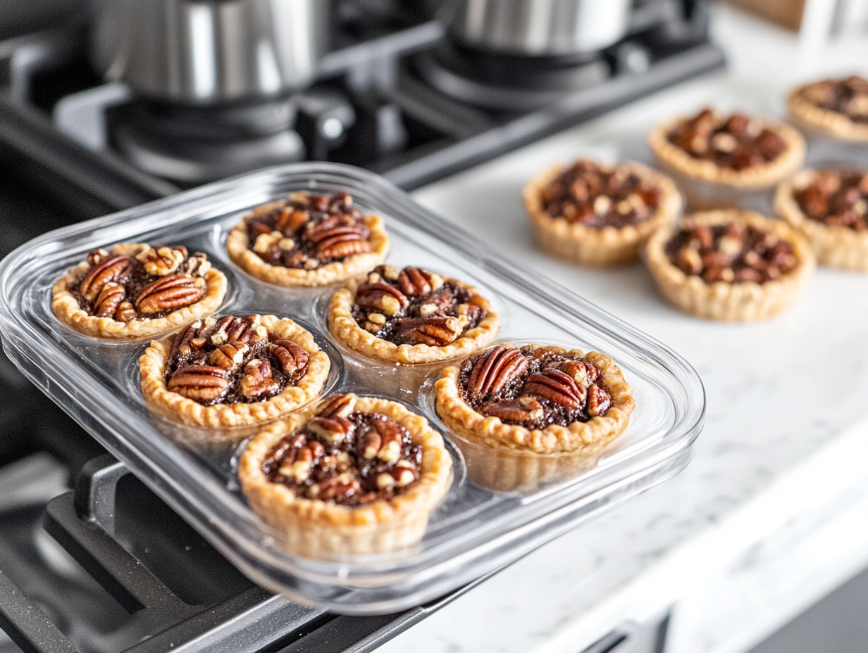 A plate of mini pecan pies served warm on the white marble cooktop, with one pie cut open to reveal the rich and nutty filling.