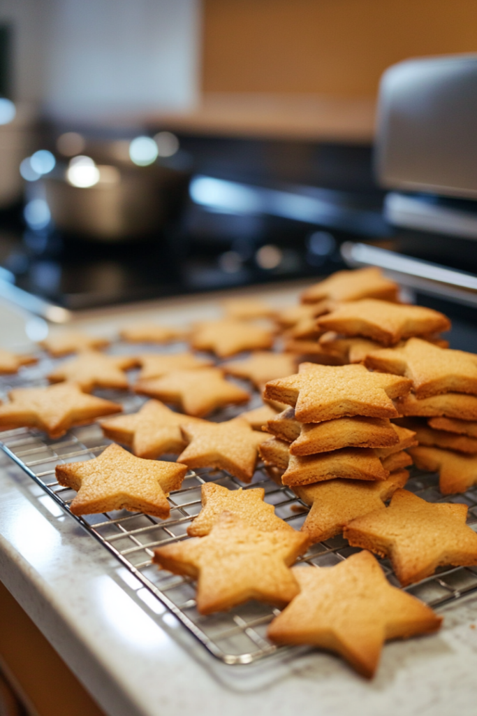 Unbaked cookie shapes are neatly arranged on a parchment-lined baking sheet resting on the white marble cooktop. The tray is ready to be transferred into a preheated oven for baking