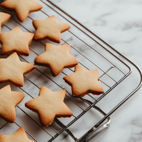 Unbaked cookie shapes are neatly arranged on a parchment-lined baking sheet resting on the white marble cooktop. The tray is ready to be transferred into a preheated oven for baking