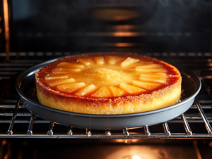 Cheesecake pan in the oven, baking at 325°F (165°C), with the cheesecake filling nearly set in the center after 55–60 minutes. The edges are lightly browned, and the top of the cheesecake is slightly puffed up, ready to cool.