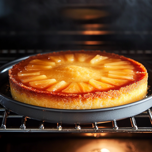 Cheesecake pan in the oven, baking at 325°F (165°C), with the cheesecake filling nearly set in the center after 55–60 minutes. The edges are lightly browned, and the top of the cheesecake is slightly puffed up, ready to cool.