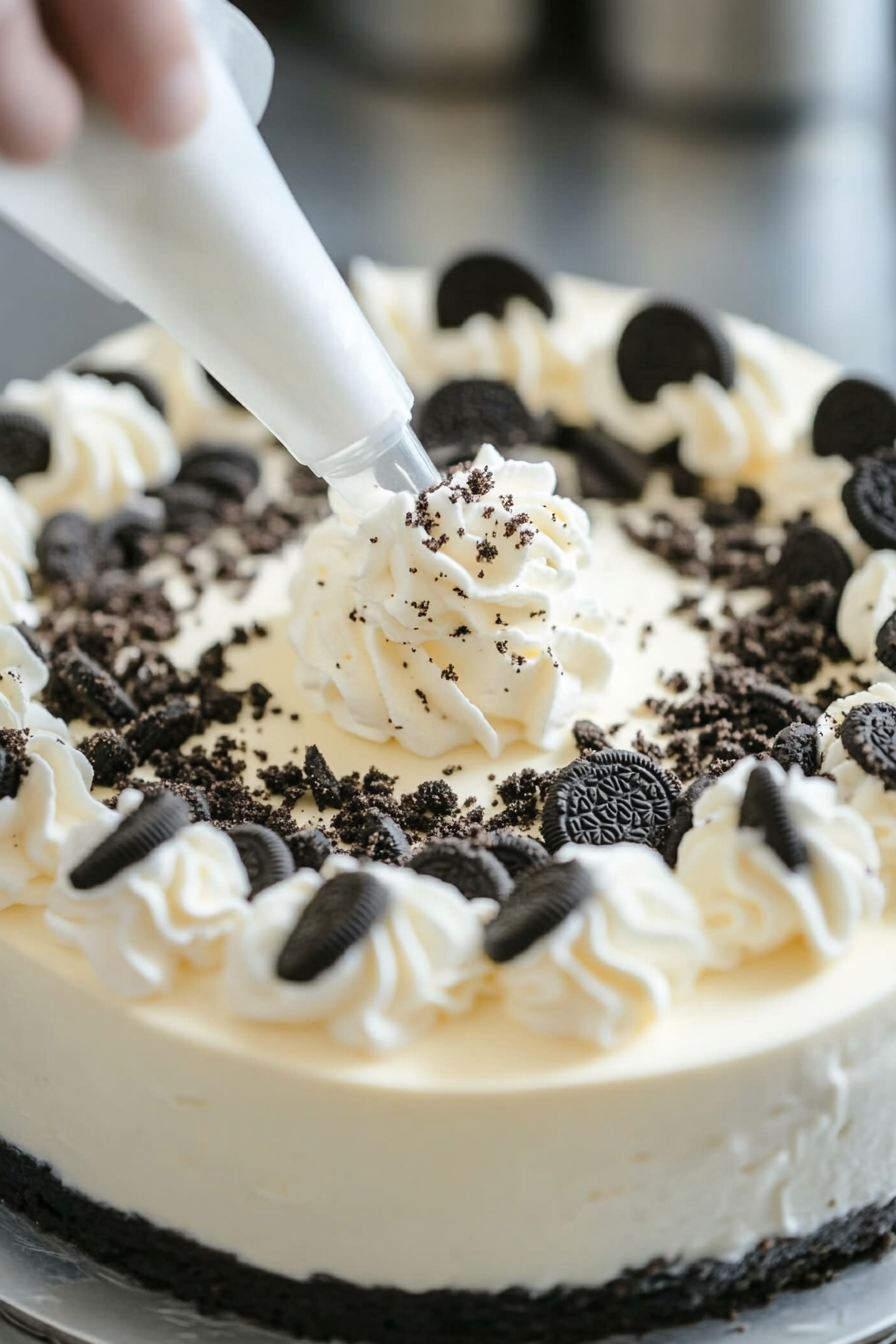 A piping bag is being used to pipe whipped cream in decorative swirls onto the chilled cheesecake. The creamy topping is neatly placed around the edges of the cake, with some Oreo crumbs scattered over the top.