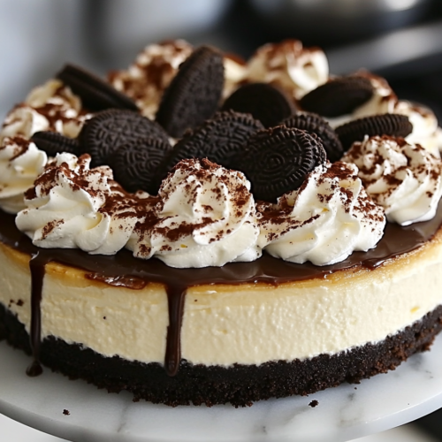 The cheesecake sits on the white marble cooktop, with freshly whipped cream elegantly piped onto the top. Crushed Oreos are sprinkled over the whipped cream, and a drizzle of hot fudge sauce is added as a decorative garnish. The finished cheesecake looks decadent and ready to be served.