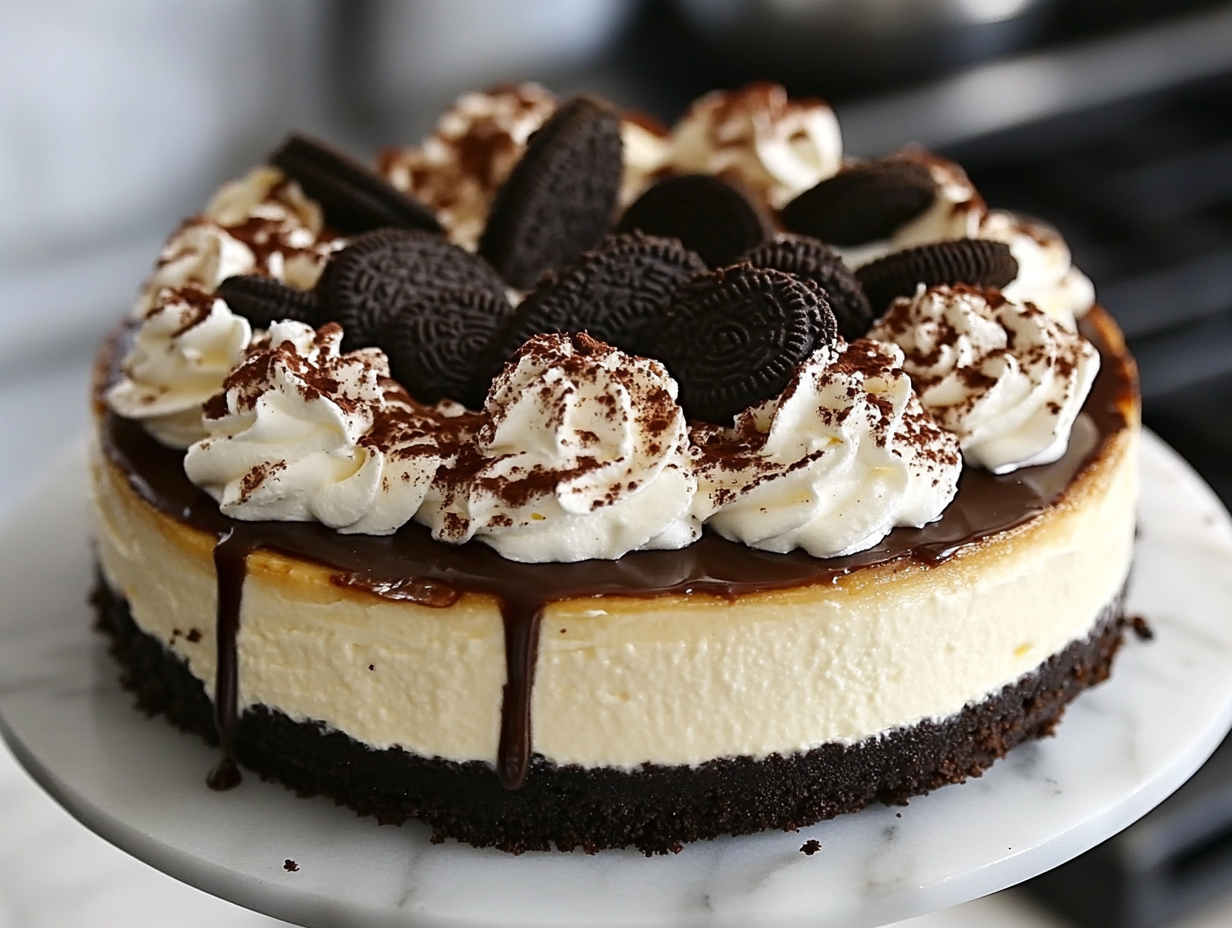 The cheesecake sits on the white marble cooktop, with freshly whipped cream elegantly piped onto the top. Crushed Oreos are sprinkled over the whipped cream, and a drizzle of hot fudge sauce is added as a decorative garnish. The finished cheesecake looks decadent and ready to be served.