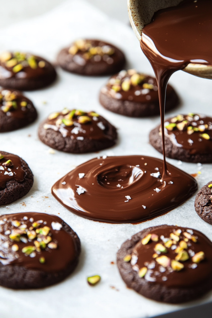 Golden-baked cookies are dipped halfway into glossy melted dark chocolate. Each cookie is garnished with chopped pistachios and a sprinkle of sea salt, creating an elegant and indulgent holiday treat.