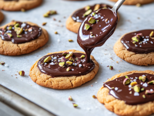 Golden-baked cookies are dipped halfway into glossy melted dark chocolate. Each cookie is garnished with chopped pistachios and a sprinkle of sea salt, creating an elegant and indulgent holiday treat.