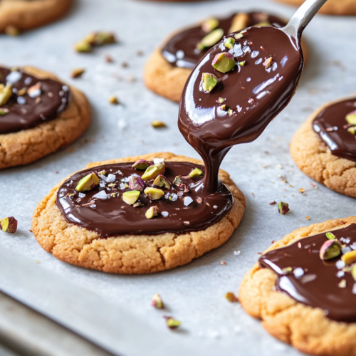 Golden-baked cookies are dipped halfway into glossy melted dark chocolate. Each cookie is garnished with chopped pistachios and a sprinkle of sea salt, creating an elegant and indulgent holiday treat.