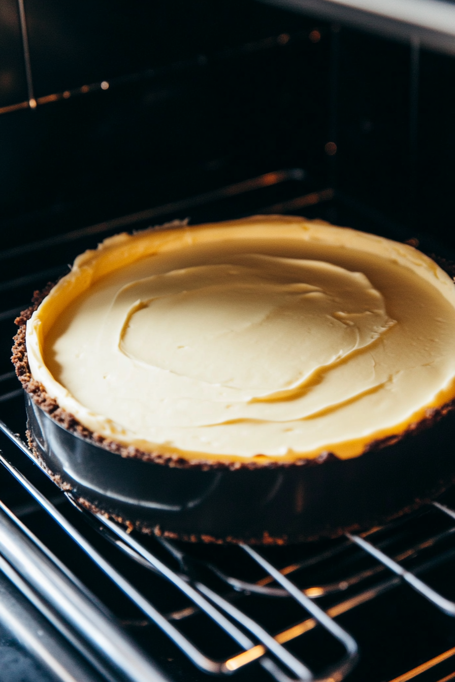 Springform pan with cheesecake batter placed inside the oven, with a pan of boiling water on a lower rack to create a water bath. The cheesecake is baking for 55-70 minutes, with foil tented over halfway through