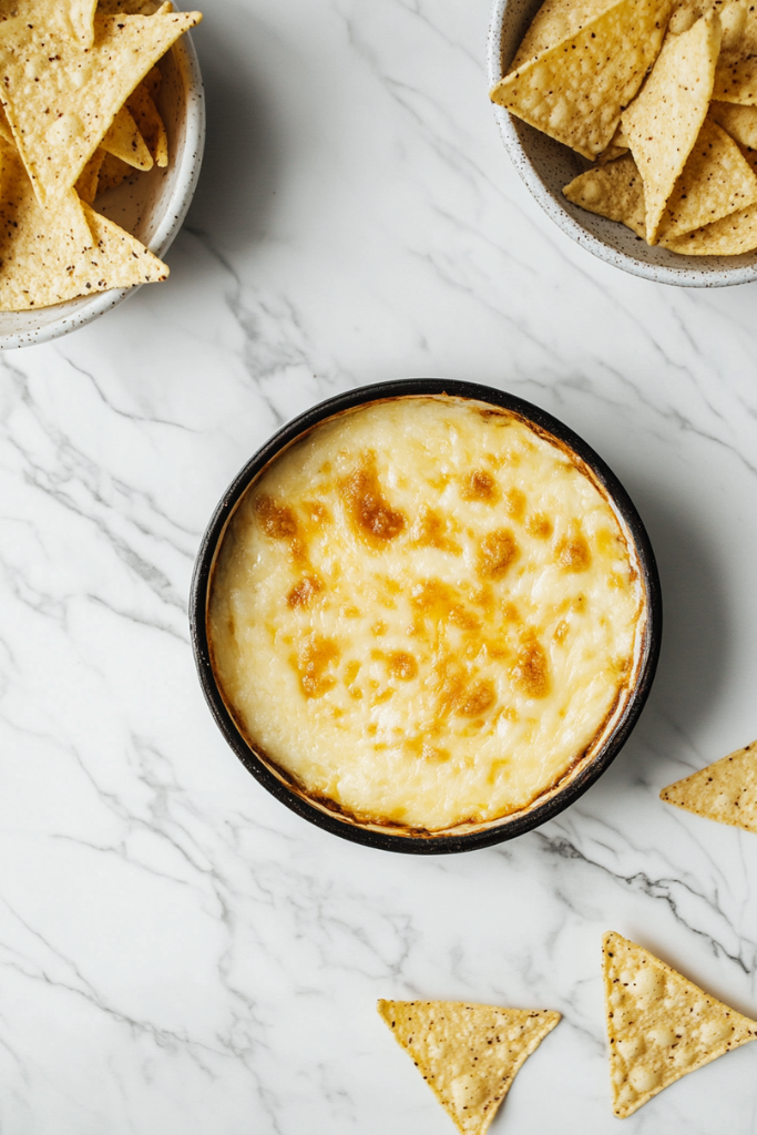 Freshly baked Texas Trash Dip on a white marble cooktop, with melted and bubbly cheese on top. Tortilla chips are arranged on the side for dipping, with a small bowl of extra chips nearby for sharing