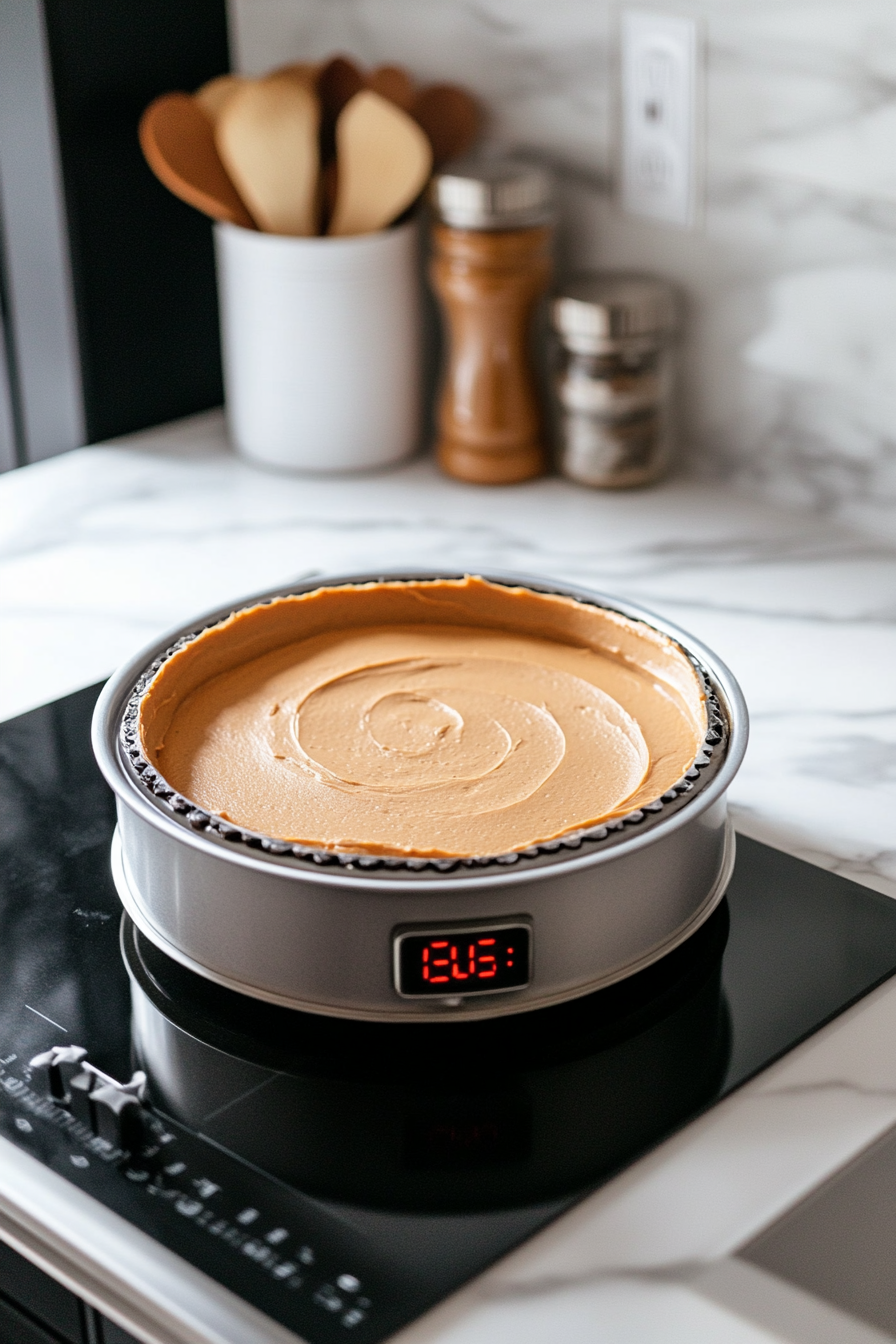 The cheesecake mixture is being poured over the cooled carrot cake base in a foil-wrapped springform pan. The pan is sitting in a large roasting pan filled halfway with water, all arranged on the white marble cooktop.