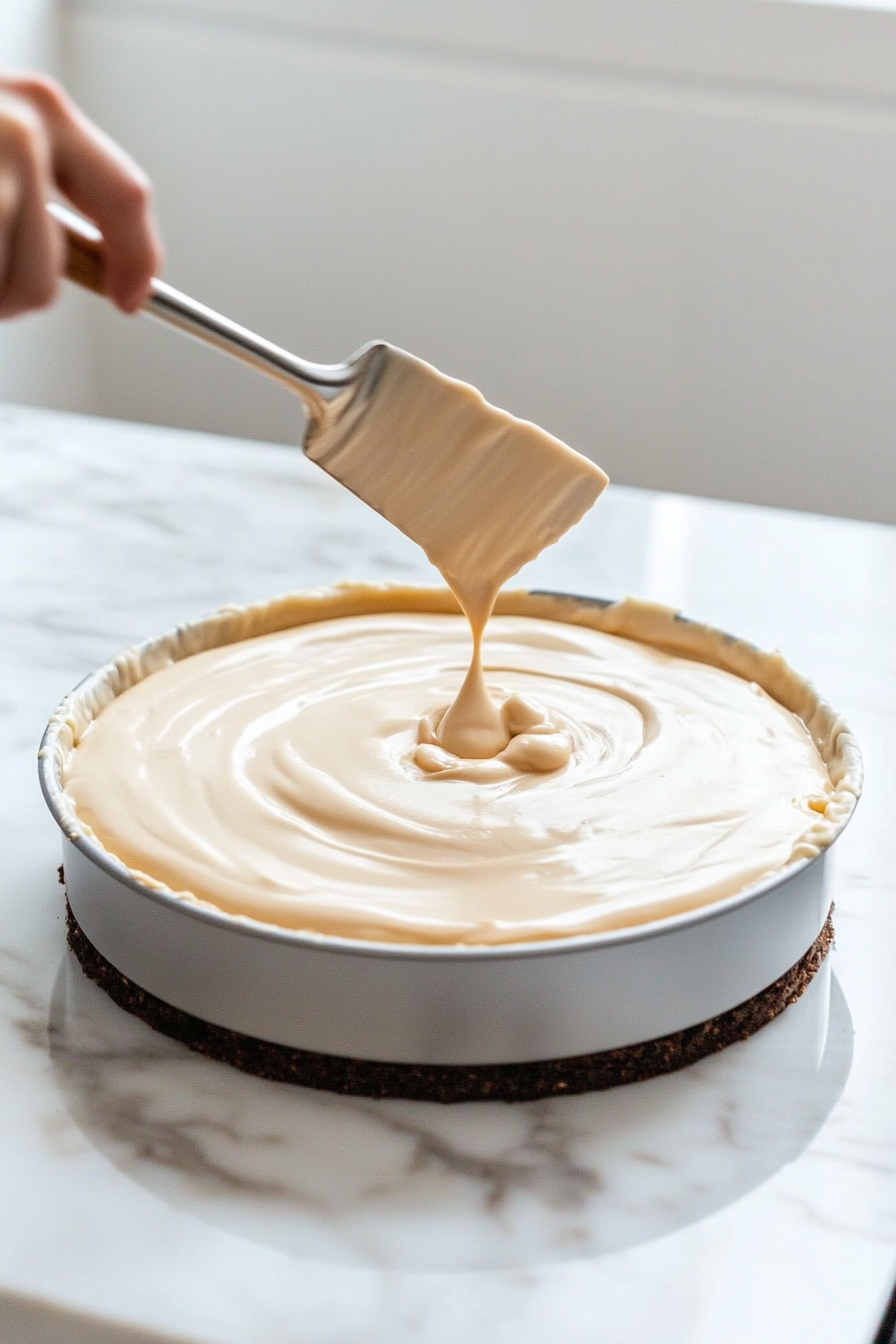 "The springform pan on the white marble cooktop is filled with the Nutella cheesecake mixture. A spatula smooths the surface, creating an even layer."