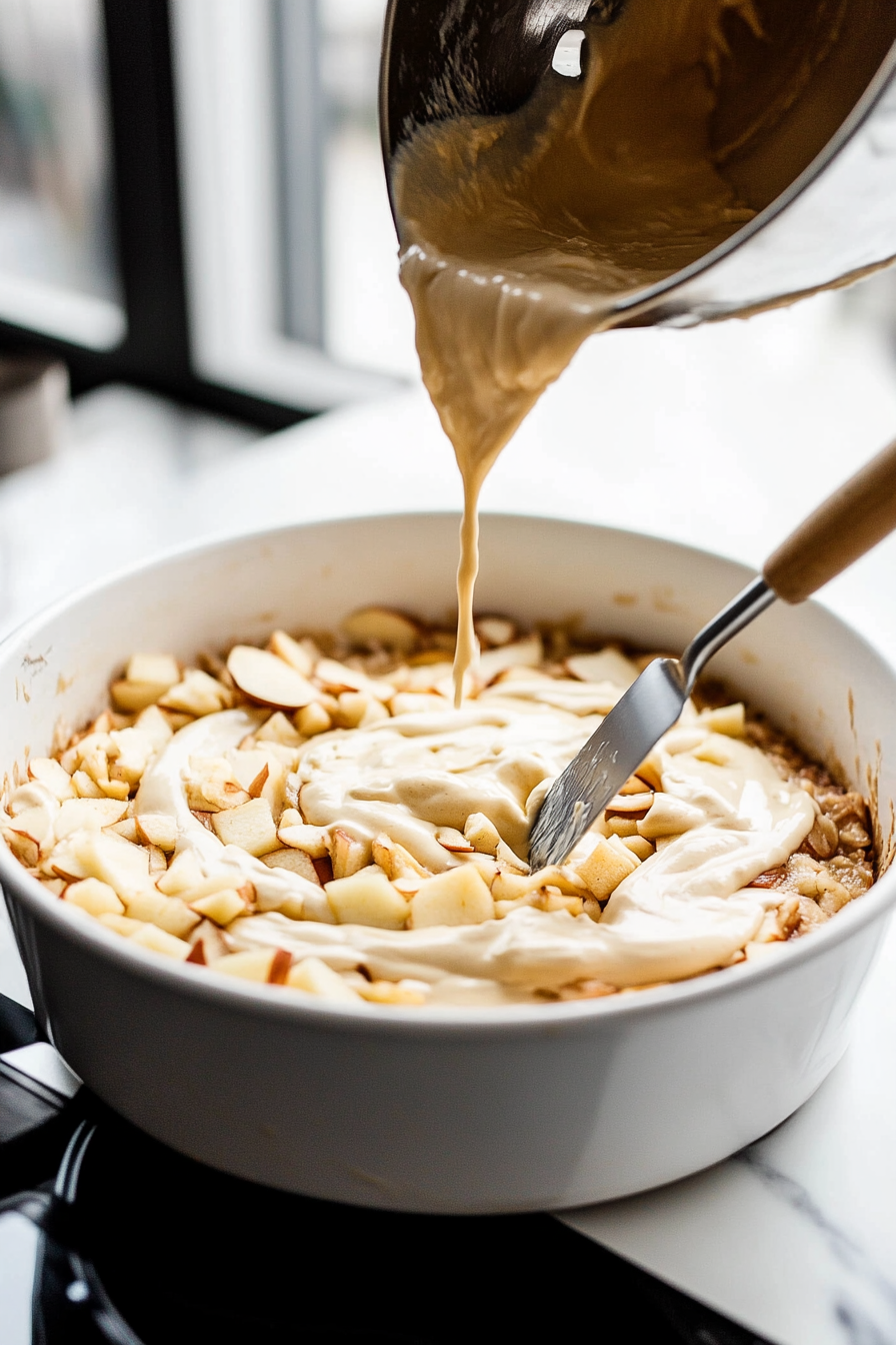 The baking pan on the white marble cooktop is being filled with smooth batter, poured evenly over the apple layer. A spatula helps spread the batter from the tilted stand mixer bowl for a uniform layer.