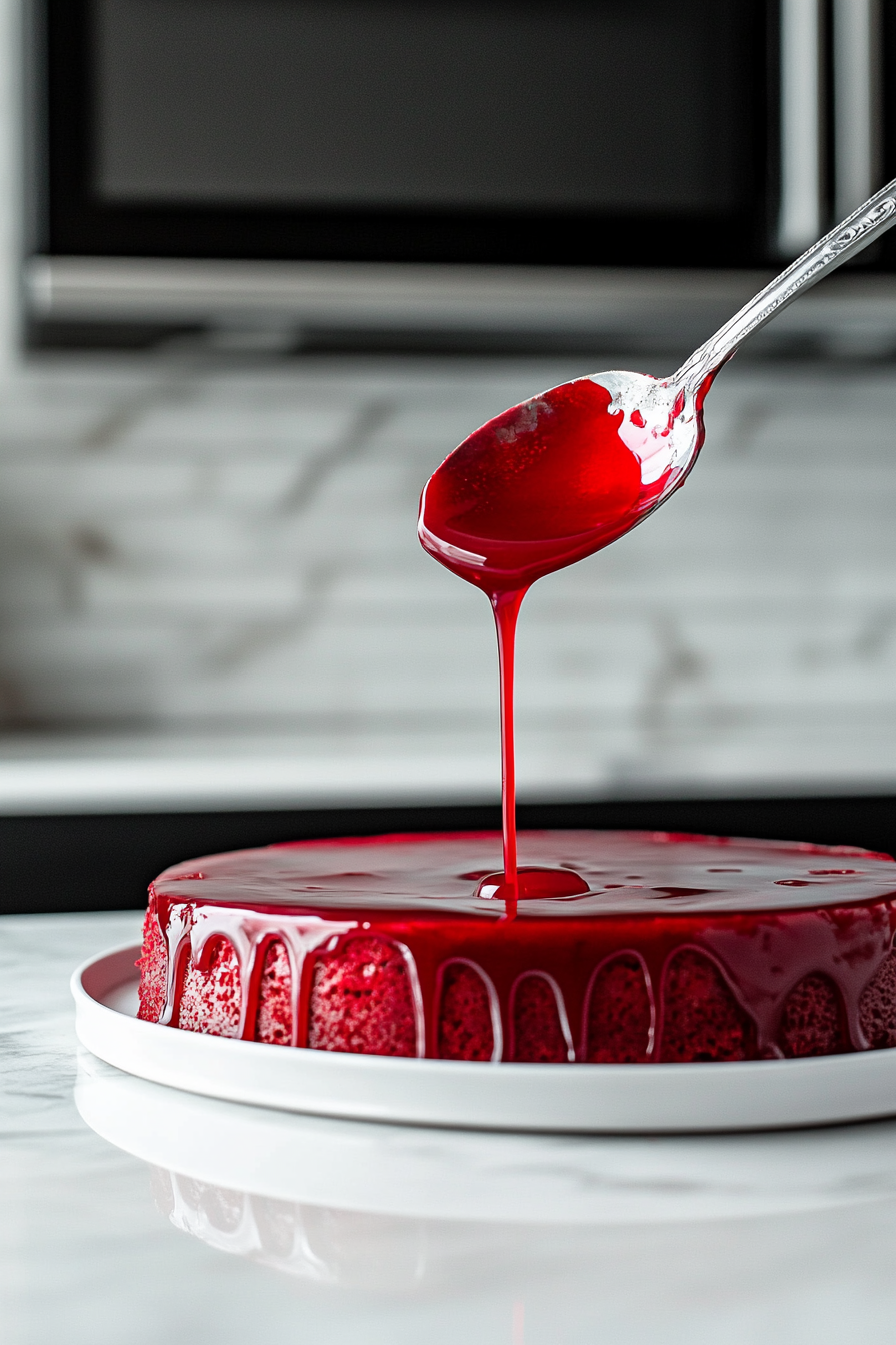 Spoonfuls of vibrant red Jell-O liquid being carefully poured over the poked cake on the white marble cooktop, with the liquid soaking into the holes.