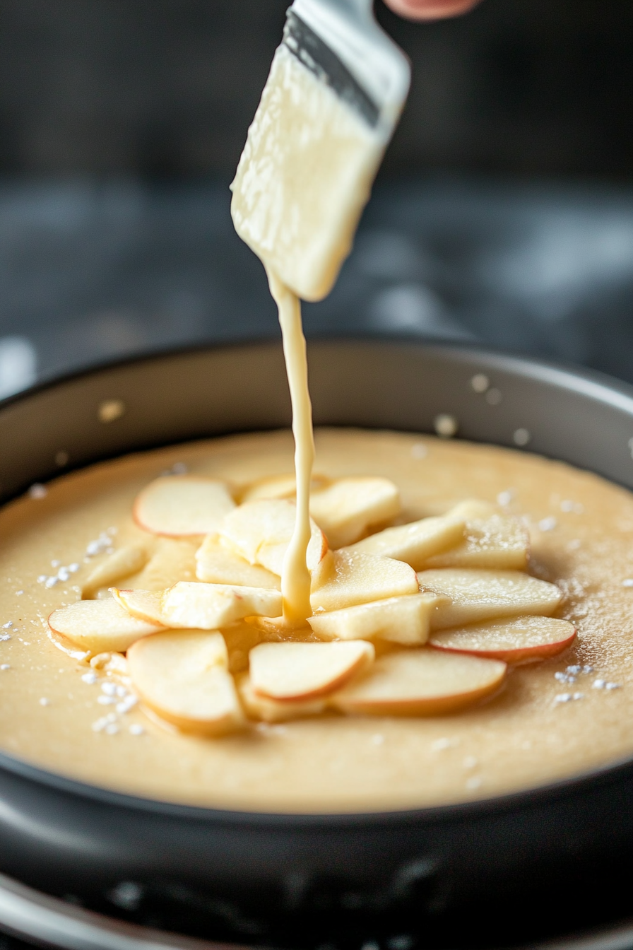 The batter being poured into the prepared springform pan. A spatula spreads the batter evenly, and the reserved apple slices are being arranged on top in a decorative pattern