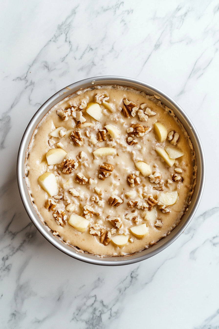 A prepared 9-inch springform pan on the white marble cooktop is being filled with thick batter. Visible chunks of apple and nuts dot the surface, as the batter is spread evenly, ready for baking.