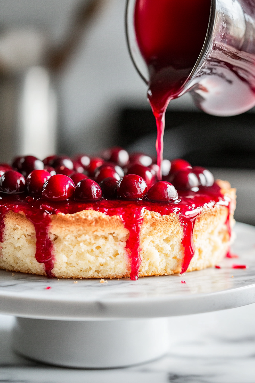 The warm cranberry mixture is poured over the cake on the white marble cooktop, soaking into the holes. The vibrant red mixture contrasts with the cake's golden surface.