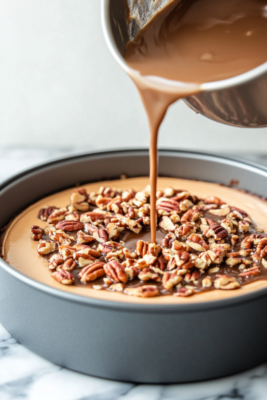 Saucepan on a white marble cooktop with butter, brown sugar, heavy cream, salt, and corn syrup heating over medium heat. The mixture is stirred until smooth and bubbling, then toasted pecans are added and set aside to cool.