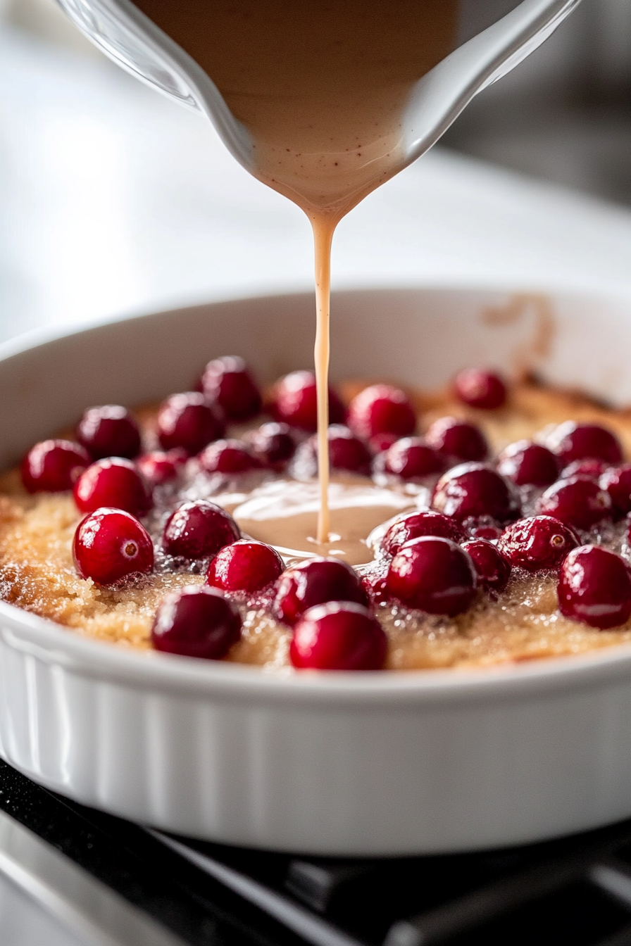 The warm vanilla sauce being poured over the hot cranberry cake in the baking dish. The sauce is soaking into the cake, adding a glossy finish, with the white marble cooktop beneath