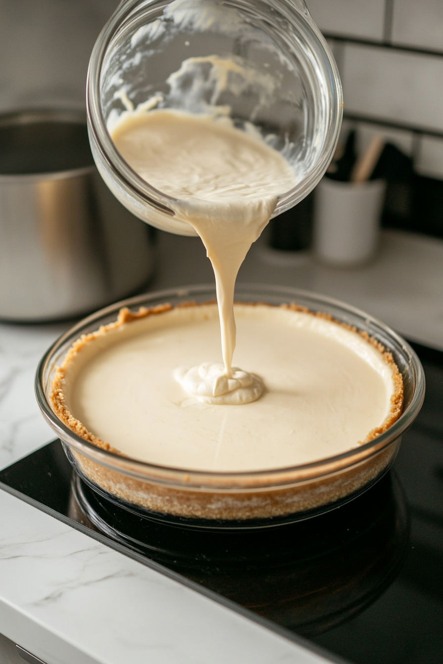 Glass bowl containing cheesecake batter being poured into the prepared crust in a springform pan on a white marble cooktop. The pan is carefully placed into a larger baking pan for the water bath.