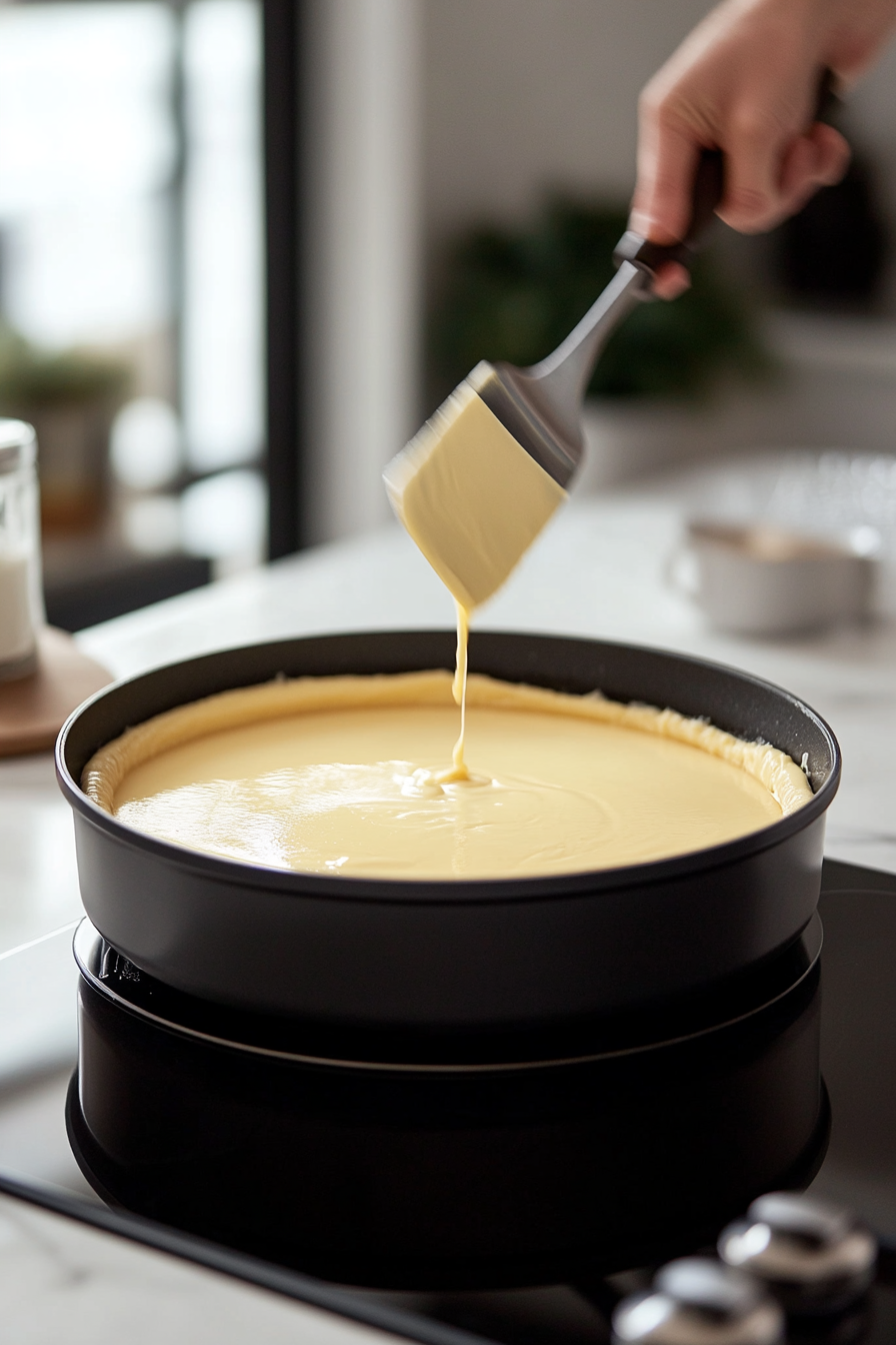 The cheesecake filling is poured into the prepared crust in the springform pan. A spatula smooths the top evenly, creating a seamless surface.