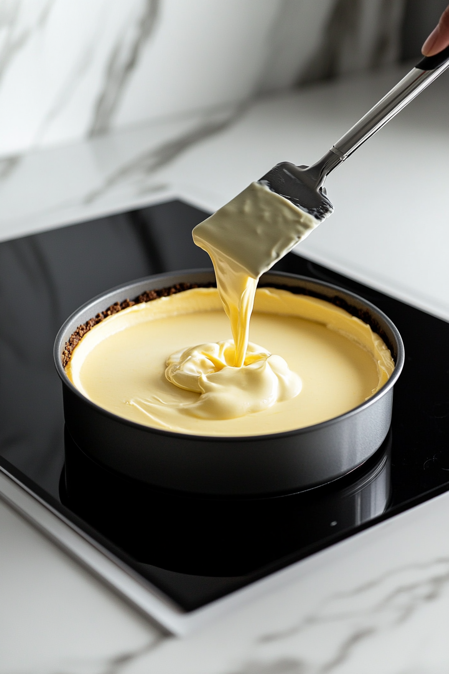 The cream cheese mixture is carefully folded into the lemon-evaporated milk base in a large glass bowl on the white marble cooktop. The combined filling appears fluffy, smooth, and creamy.