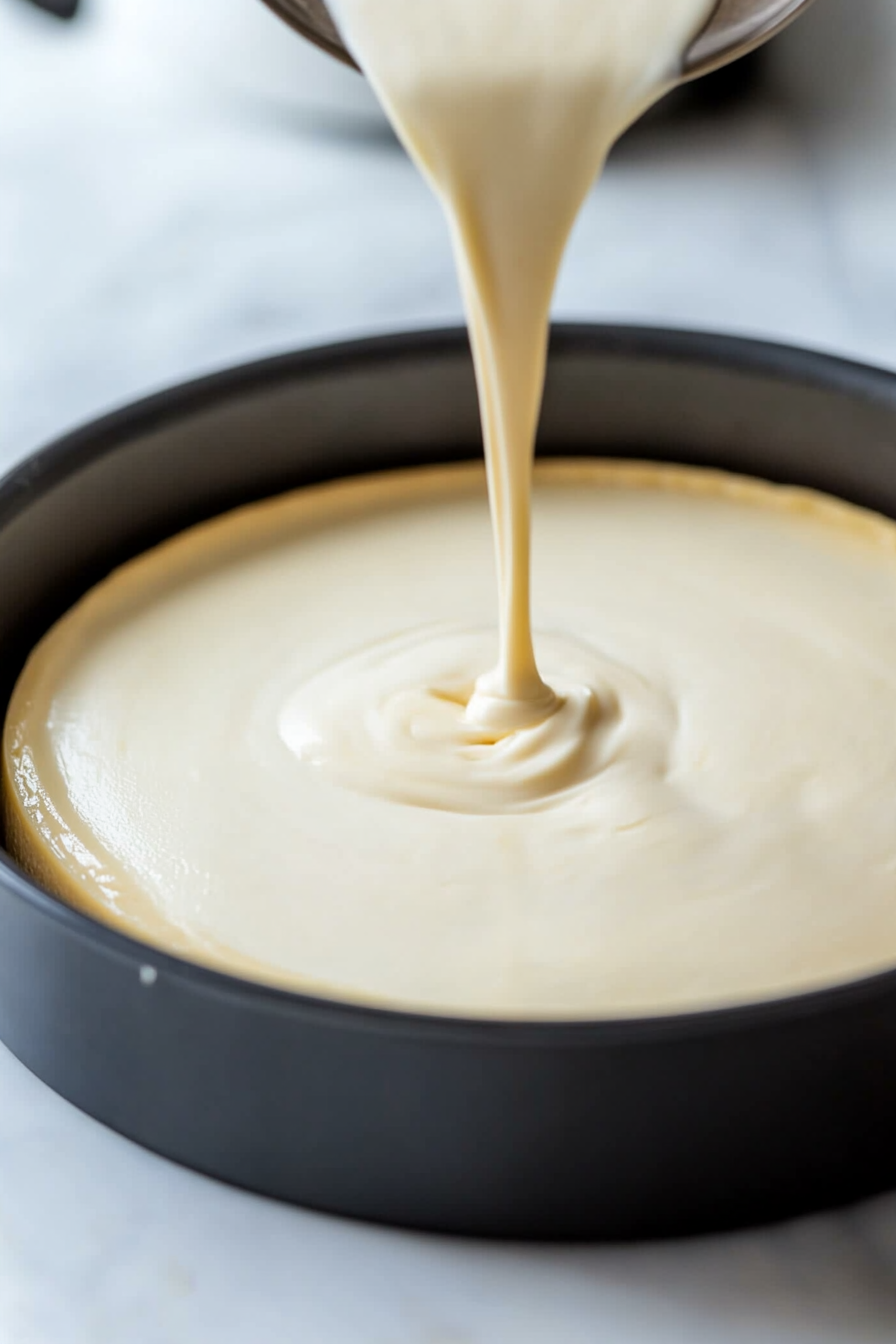 Smooth cheesecake batter being poured into the pre-baked graham cracker crust in a springform pan. The batter is spread evenly and smoothly across the top."