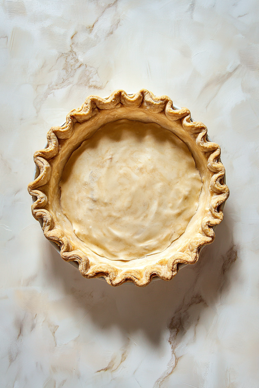 The chocolate pecan mixture is being poured into a 9-inch unbaked deep-dish pie crust. The crust rests on the white marble cooktop, and the filling settles into an even layer, ready for baking.