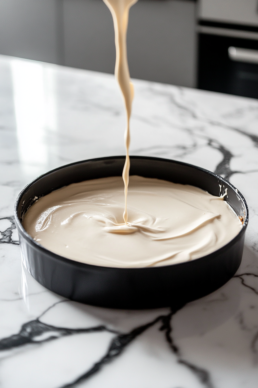 Smooth, creamy filling being poured into the cooled crust in the springform pan, with the pan resting on a marble countertop