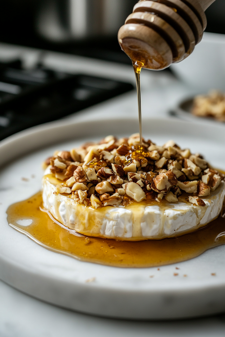 The nut mixture being poured over the top of the warm Brie, with the honey, cinnamon, and toasted nuts coating the surface of the cheese. The Brie sits on the white marble cooktop, ready to be served.