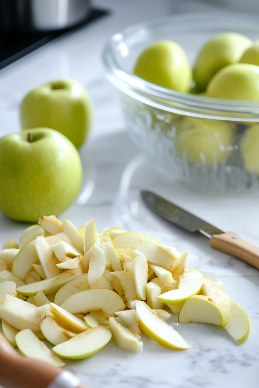 On the white marble cooktop, Granny Smith apples are being peeled and cored with a small knife and corer. Thin slices of apples are neatly arranged, ready for the pie filling. A large glass bowl in the background collects the prepared apple slices, emphasizing the organized preparation.