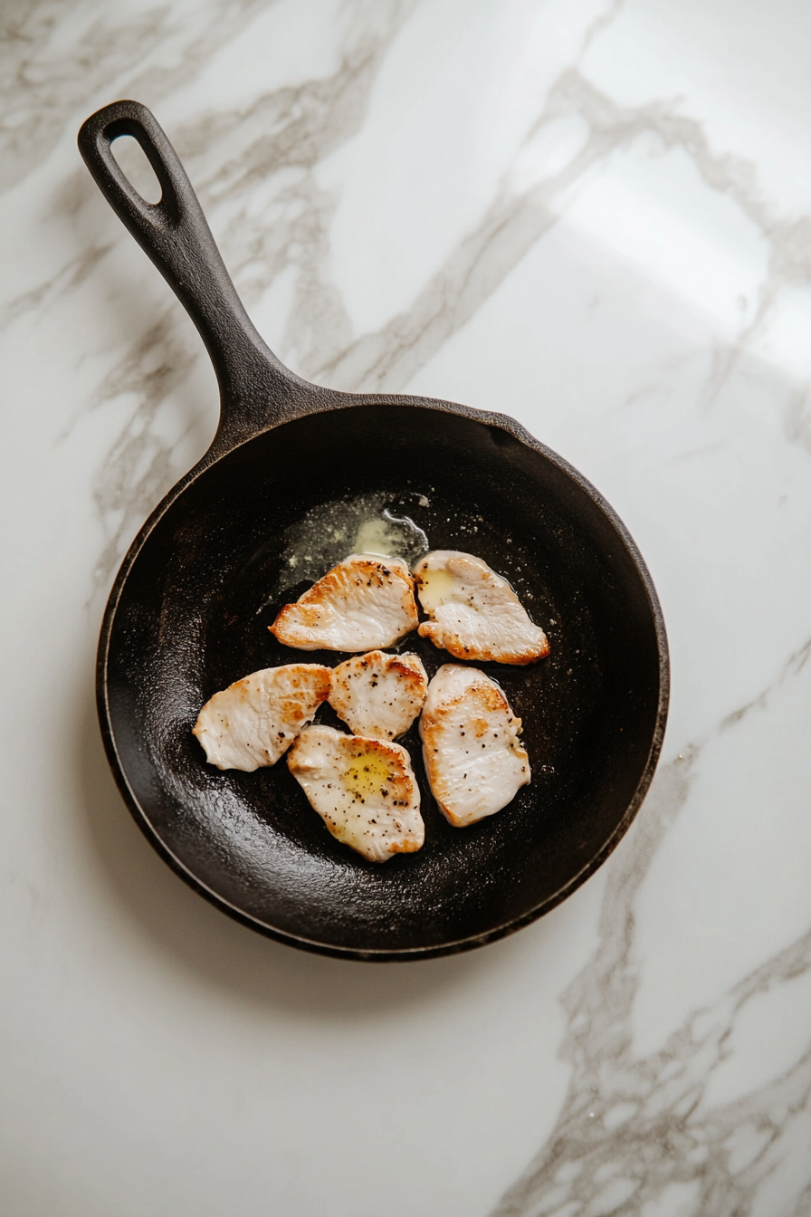 An empty cast-iron skillet is placed on a white marble cooktop while the oven's broiler preheats in the background. The setup is clean and simple, marking the start of the recipe preparation.