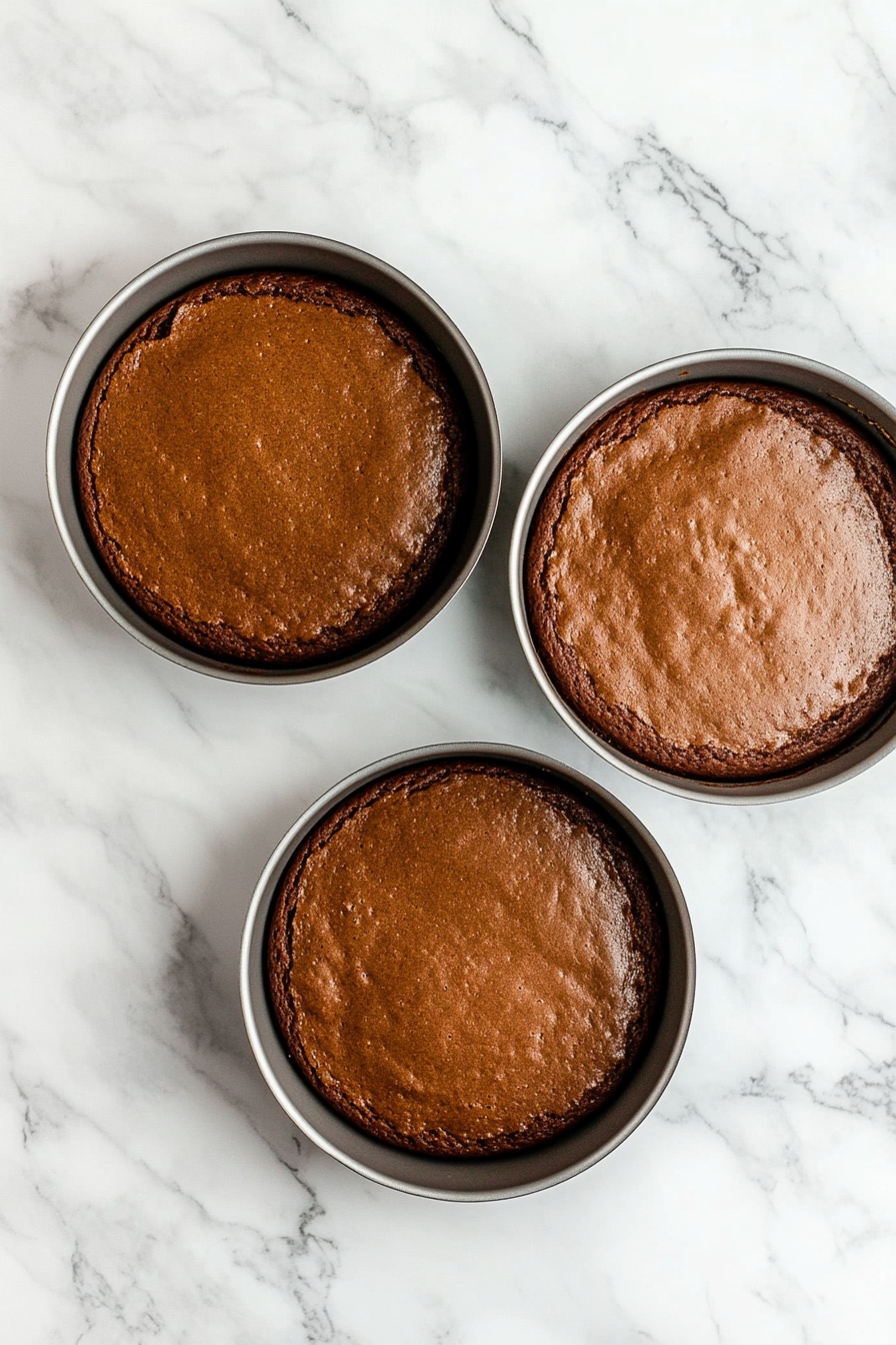 Show three round 9-inch cake pans on a white marble cooktop. Each pan is lined with parchment paper, with the sides greased using butter and lightly dusted with cocoa powder. The setup appears tidy and ready for batter