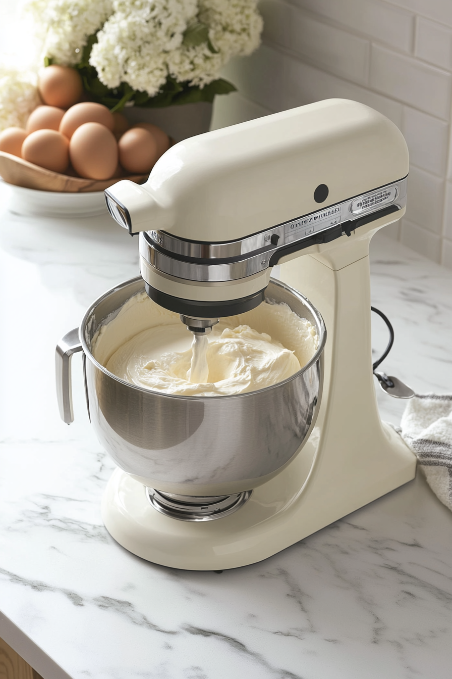 Hand mixer beating cream cheese and sugar in a glass bowl, with sour cream and vanilla extract added. Eggs are being carefully incorporated, one at a time, into the smooth, creamy filling mixture