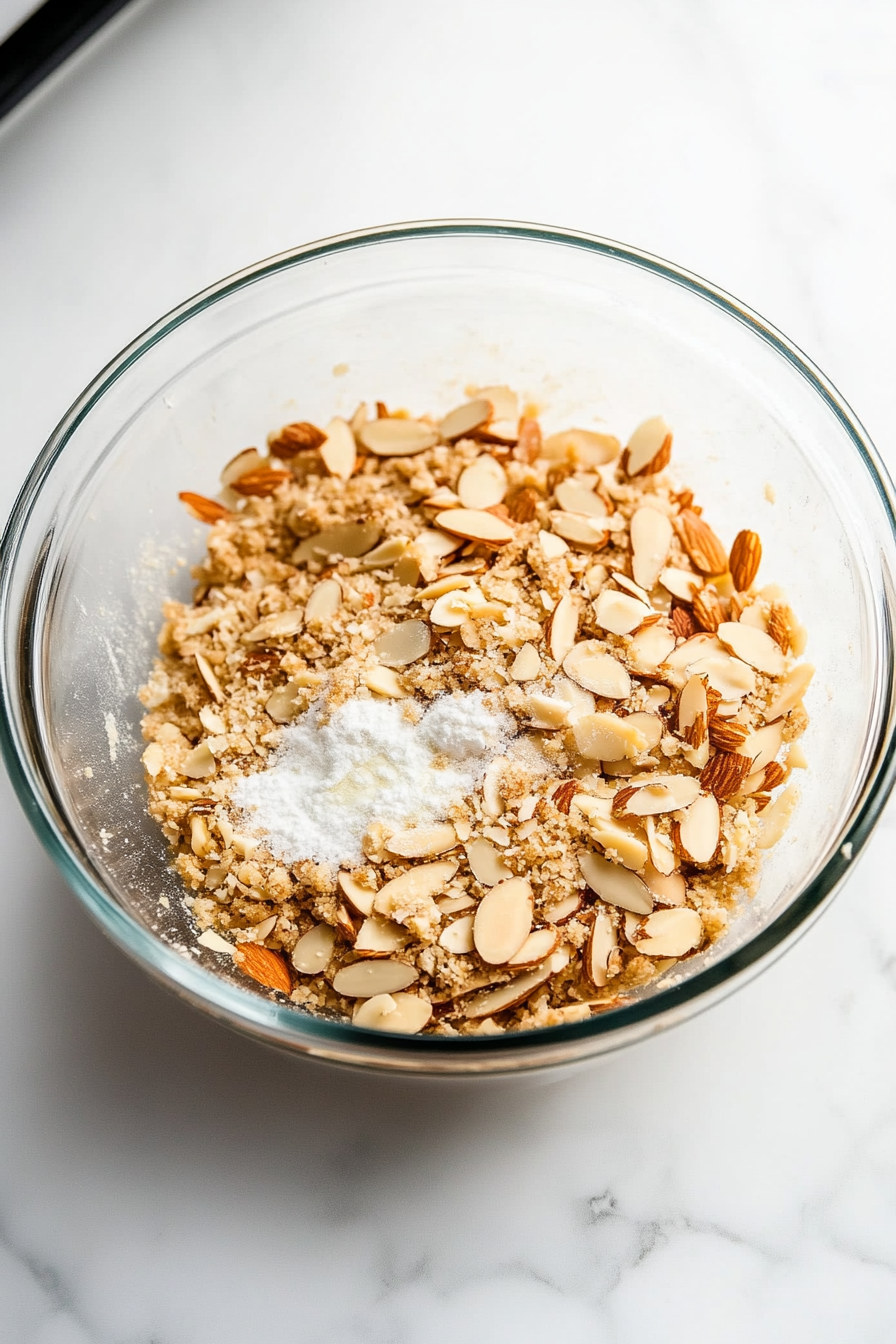 A glass bowl on the white marble cooktop with toasted slivered almonds, kosher salt, flour, brown sugar, granulated sugar, and cinnamon being mixed together. Melted butter is stirred in to form a crumbly topping mixture