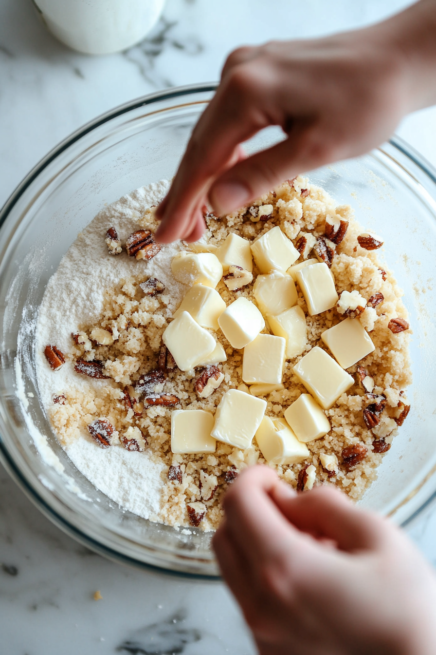 A glass mixing bowl on the white marble cooktop contains flour, chopped pecans, light-brown sugar, and kosher salt. Cubes of cold butter are being massaged into the mixture by a pair of hands, forming chunky clumps for the crumb topping.