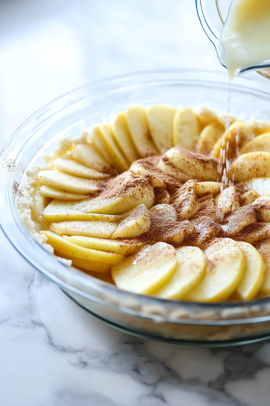 A glass mixing bowl on the white marble cooktop holds a mixture of ½ cup white sugar, 2 tablespoons all-purpose flour, and ground cinnamon. The apple slices are neatly arranged in the unbaked pie crust, as the sugar mixture is sprinkled over them. A drizzle of lemon juice adds a fresh finish to the filling.