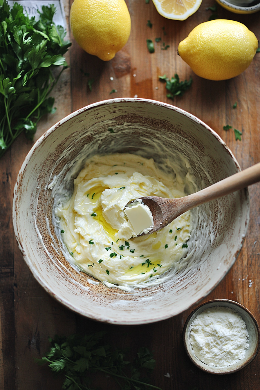 A mixing bowl containing room-temperature butter being combined with olive oil, grated lemon zest, lemon juice, crushed garlic, and chopped parsley. A wooden spoon stirs the creamy mixture on a rustic kitchen counter.